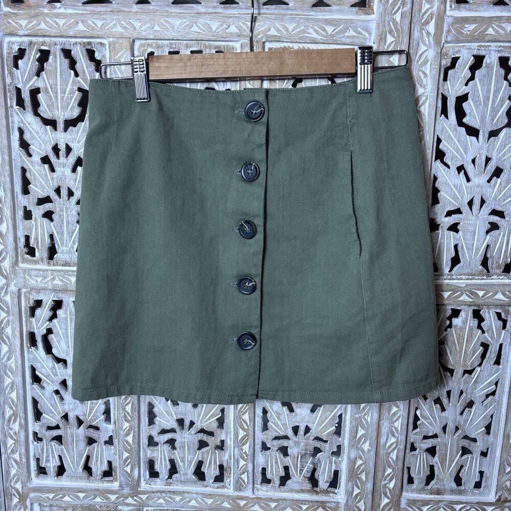 Olive Green Button Front Pockets Mini Skirt Fitted Feminine Girly Grunge Retro M